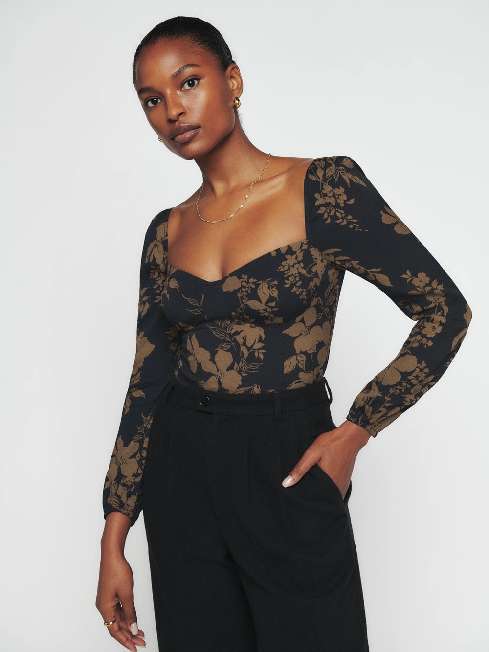 Reformation Reign Top Black Brown Floral Long Sleeve Blouse Sz US 10